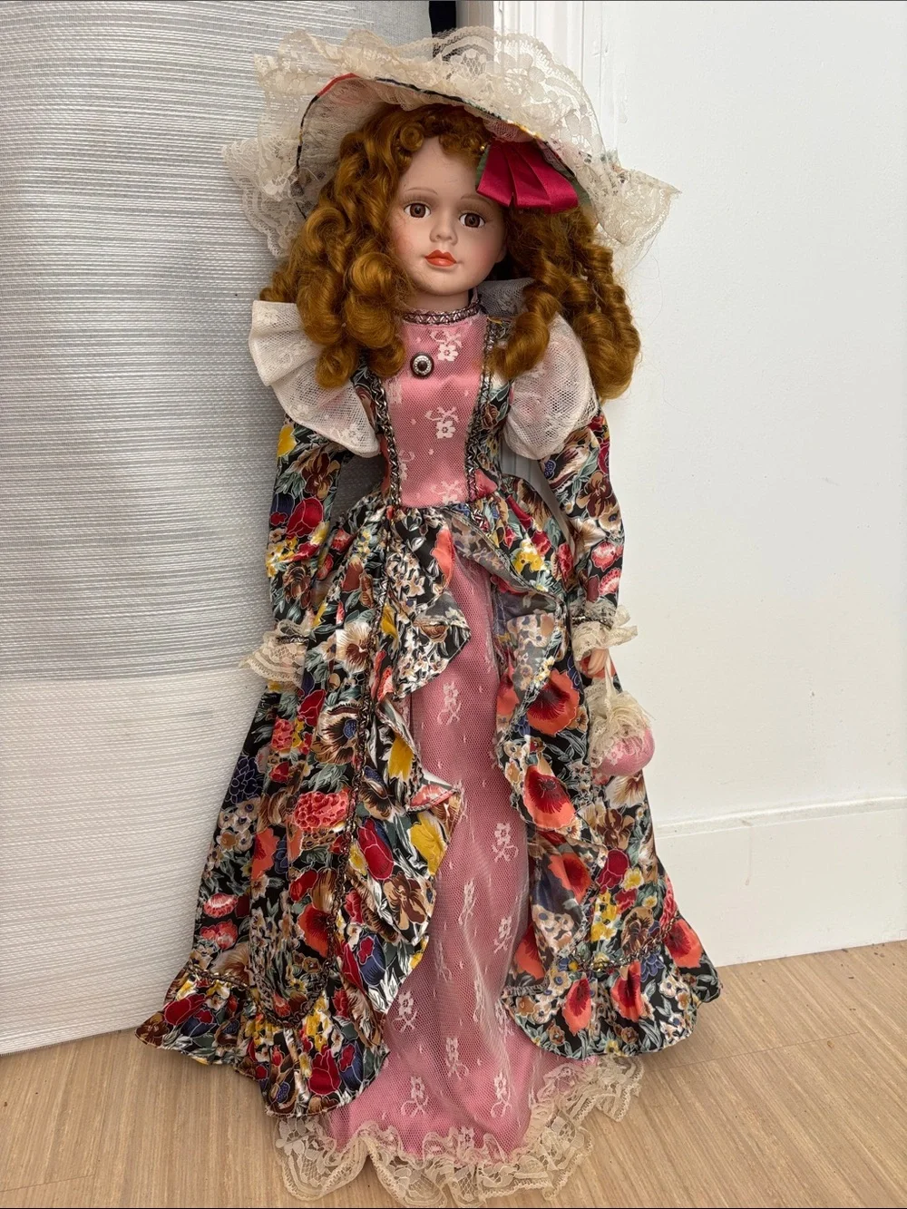 Unique Vintage Porcelain Doll in Pink Floral Gown with Lace Hat